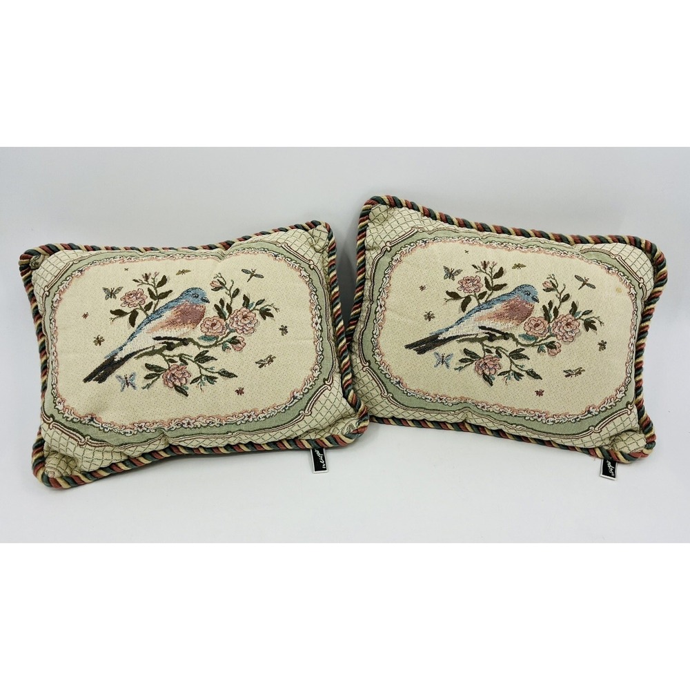 Newport Throw Pillows Pair Rope Trim Bluebirds Birds Microfiber Backs 14" x 10"